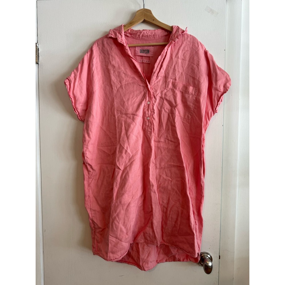 Grayson Artist Short sleeve 100% linen mini dress in coral baggy shirt dress 02